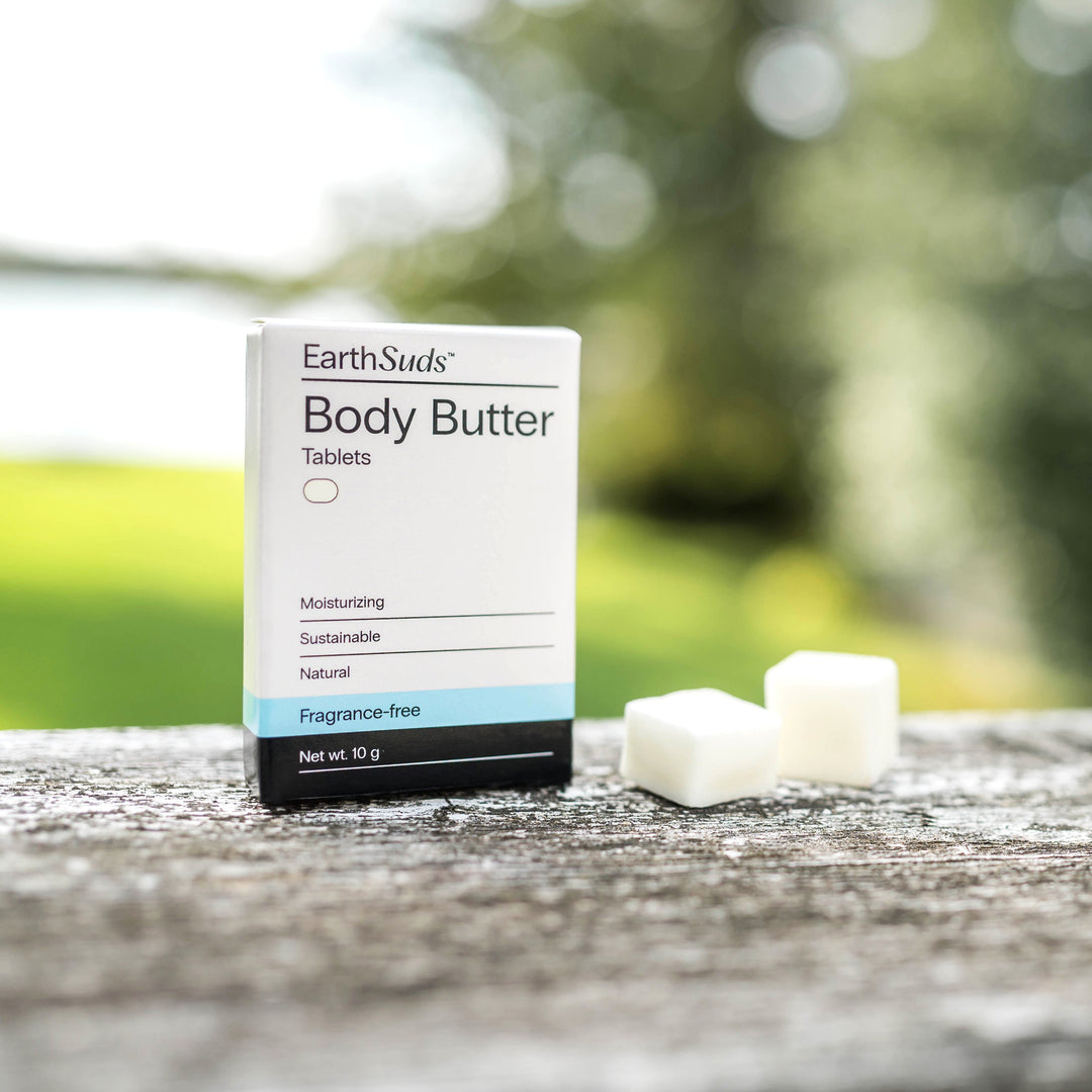 EarthSuds travel-friendly body butter tablets made from clean biodegradable ingredients.
