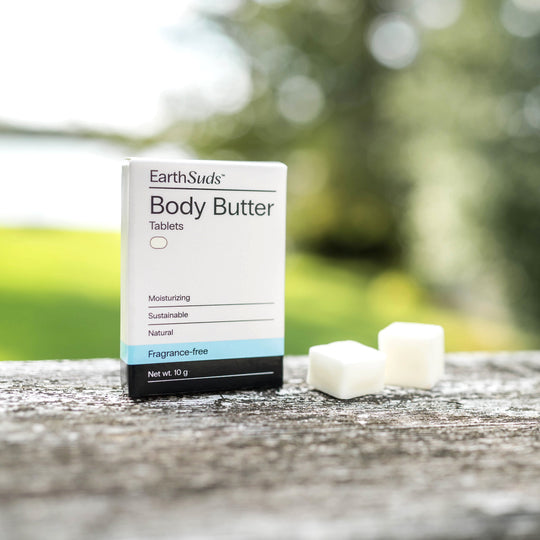 EarthSuds travel-friendly body butter tablets made from clean biodegradable ingredients.