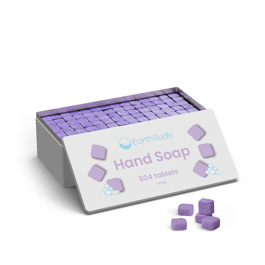 Bulk packaging of hand soap tablets that are sustainable and refillable, great for AirBnb owners