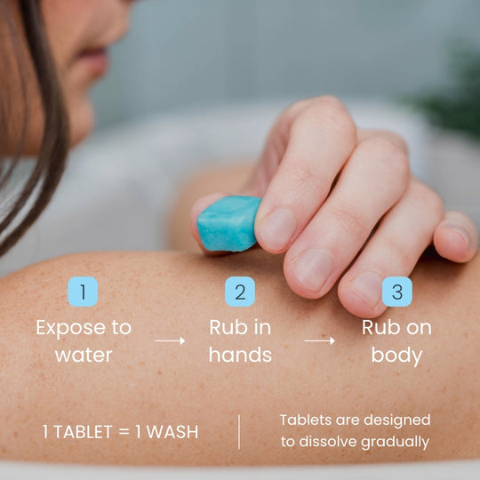 Woman holding eco-friendly body wash tablet on her shoulder in luxurious bath