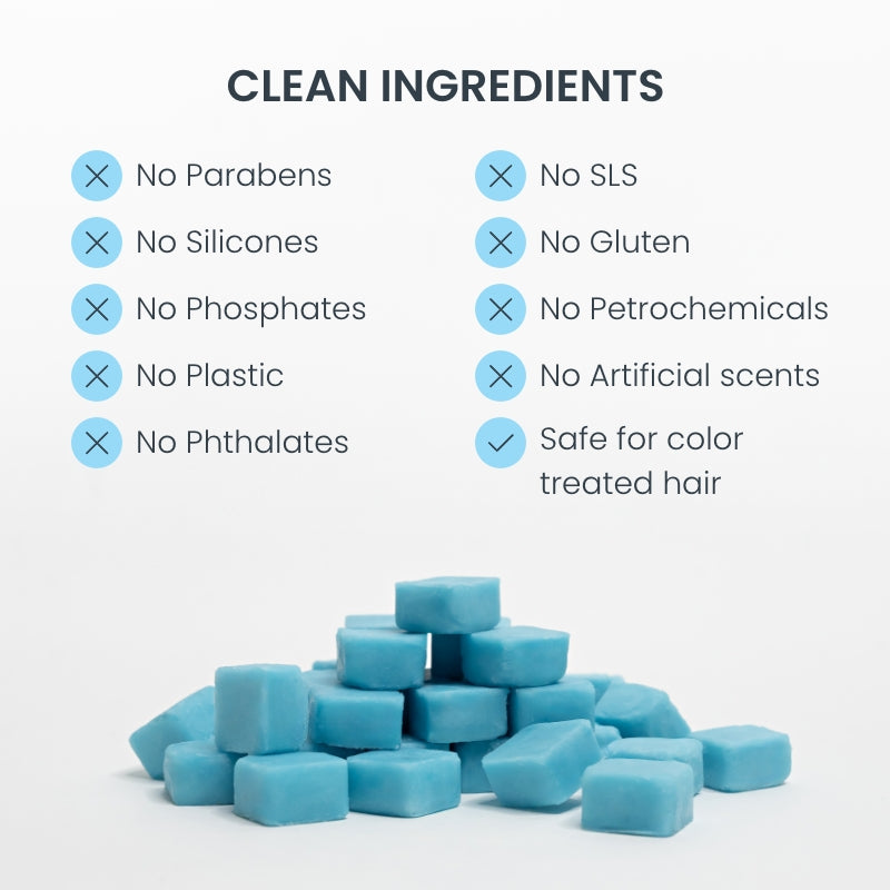 Pile of eco-friendly body wash tablets with list of clean ingredients that are paraben-free, phosphate-free, silicone-free