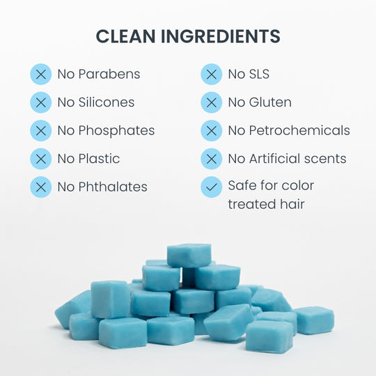 Pile of eco-friendly body wash tablets with list of clean ingredients that are paraben-free, phosphate-free, silicone-free