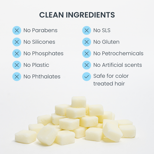 Pile of eco-friendly shampoo tablets with list of clean ingredients that are paraben-free, phosphate-free, silicone-free