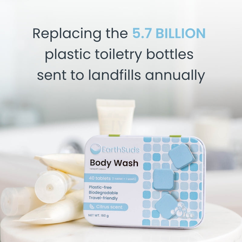 Sustainable, plastic-free, travel-friendly biodegradable body wash pods in bathroom, good for Airbnb owners