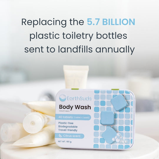 Sustainable, plastic-free, travel-friendly biodegradable body wash pods in bathroom, good for Airbnb owners