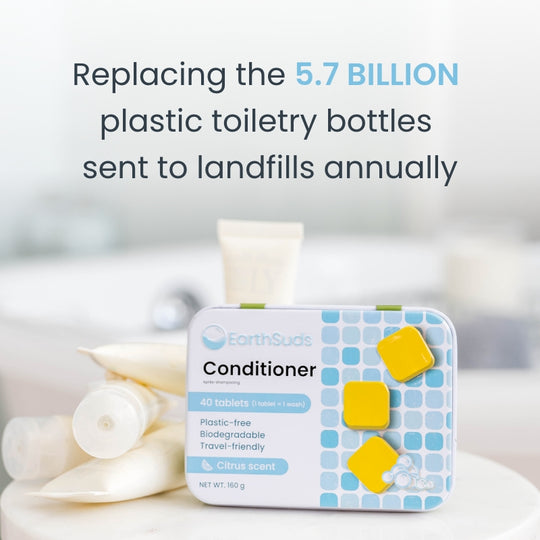Sustainable, plastic-free, travel-friendly biodegradable conditioner pods in bathroom, good for Airbnb owners