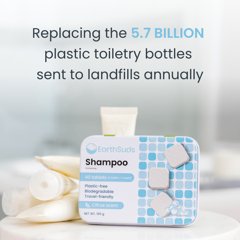 Sustainable, plastic-free, travel-friendly biodegradable shampoo pods in bathroom, good for Airbnb owners