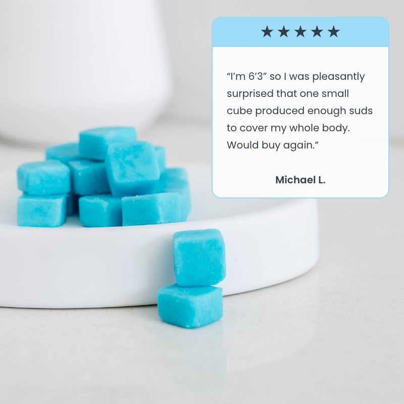 Pile of eco-friendly, plastic-free body wash tablets, good for Airbnb owners