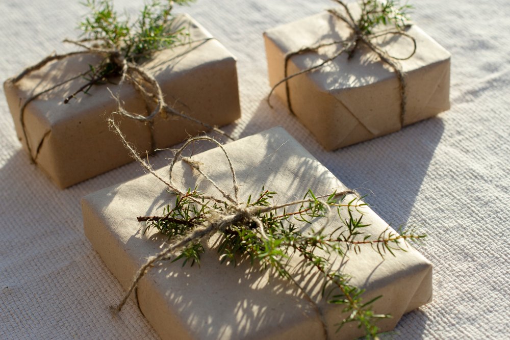 Sustainable shampoo, conditioner, body wash, and hand soap in kraft wrapping paper with twigs on top.