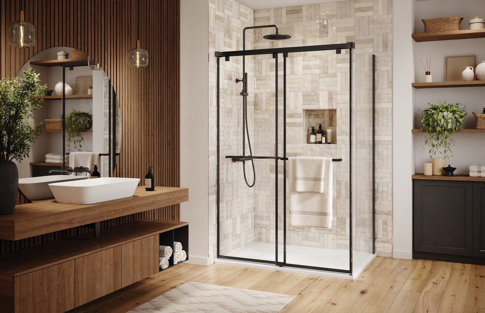 Modern, aesthetic shower surrounded by a clean bathroom with great eco-friendly travel toiletries.