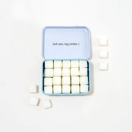 EarthSuds Body Butter tablets in a reusable pack. Travel-friendly, biodegradable, plastic-free.