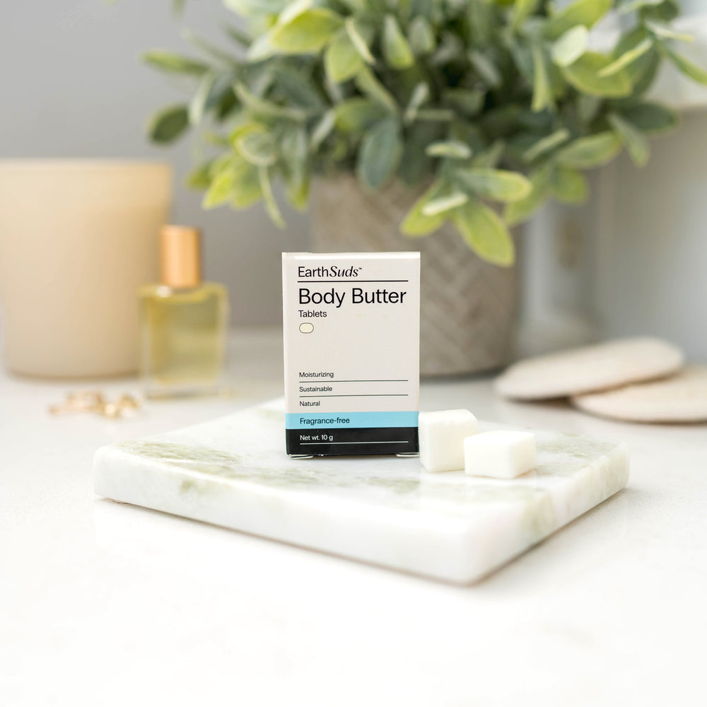 EarthSuds travel-friendly body butter tablets made from clean biodegradable ingredients.