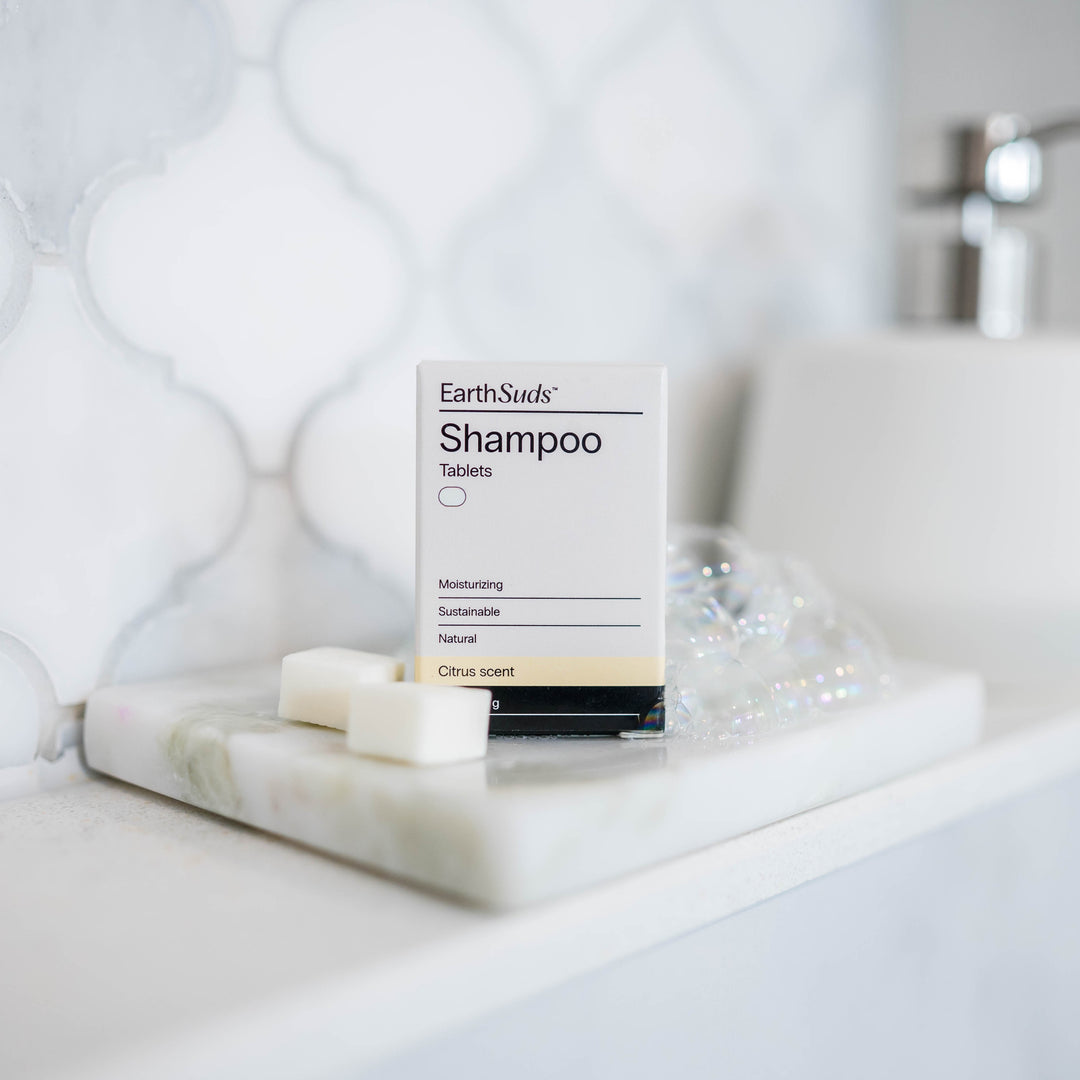 EarthSuds travel-friendly shampoo tablets made from clean biodegradable ingredients.