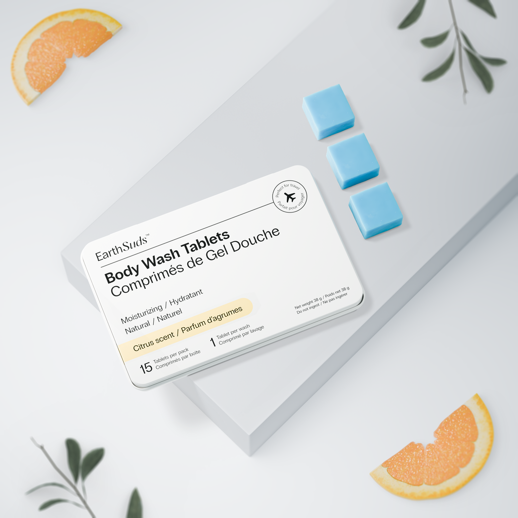 EarthSuds sustainable travel toiletries; dissolvable personal care tablets in carry-on friendly packaging.