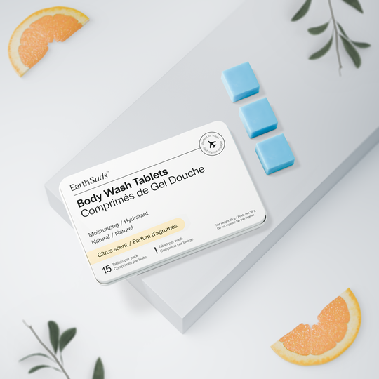 EarthSuds sustainable travel toiletries; dissolvable personal care tablets in carry-on friendly packaging.