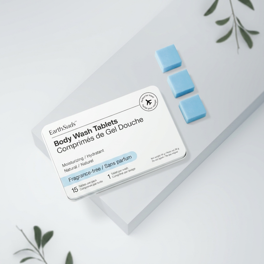 Fragrance-free body wash tablets that are travel-friendly, sustainable, and biodegradable.