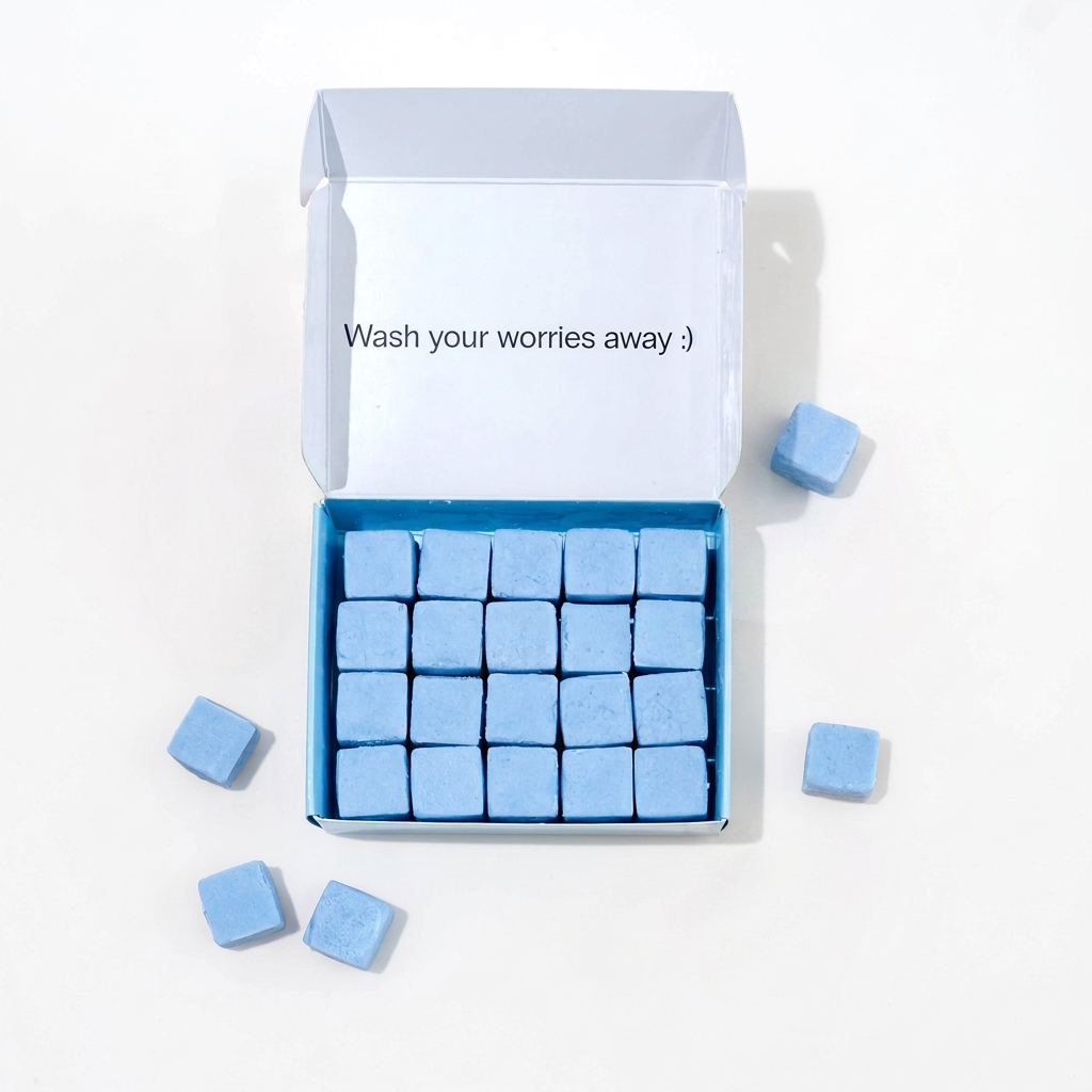 Travel body wash with dissolvable, biodegradable body wash tablets.