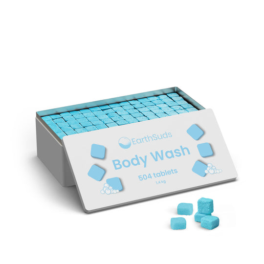 Bulk packaging of body wash tablets that are sustainable and refillable, great for AirBnb owners