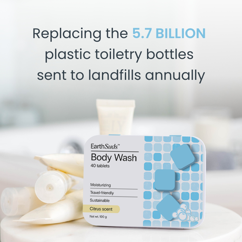 Sustainable, plastic-free, travel-friendly biodegradable body wash tablets in bathroom.