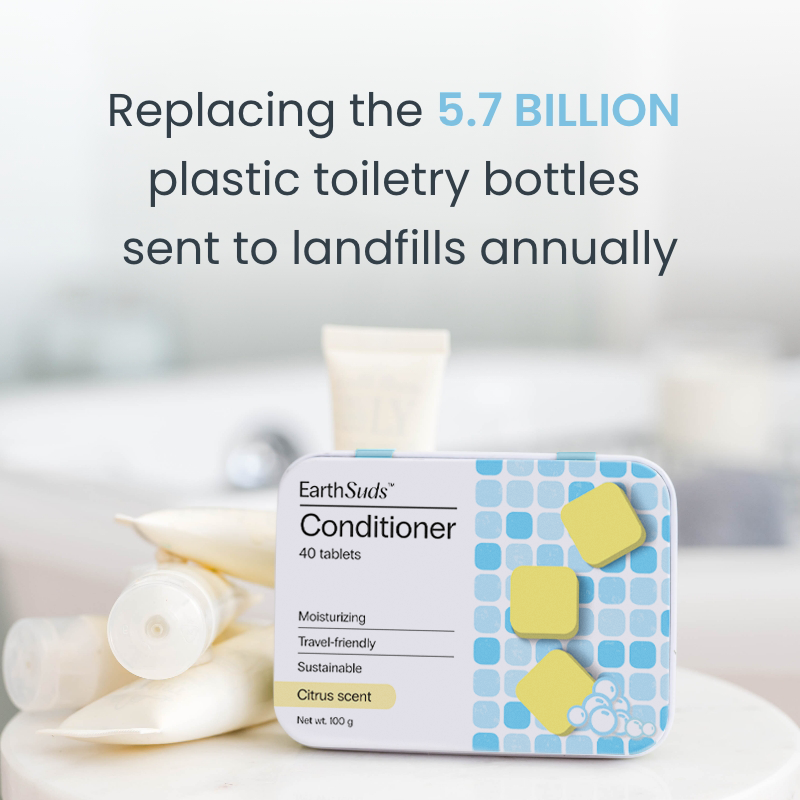 Sustainable, plastic-free, travel-friendly biodegradable conditioner tablets in bathroom.