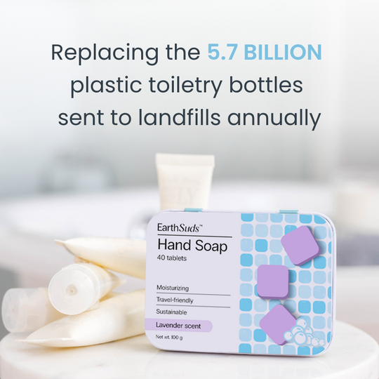 Sustainable, plastic-free, travel-friendly biodegradable hand soap tablets in bathroom.