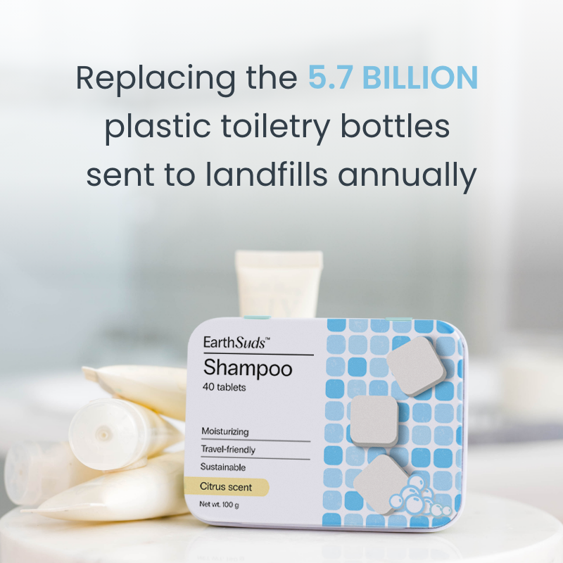 Sustainable, plastic-free, travel-friendly biodegradable shampoo tablets in bathroom.