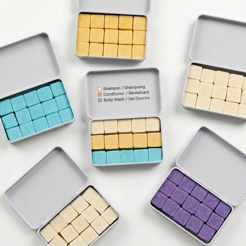 EarthSuds dissolvable tablets of shampoo, conditioner, body wash, hand soap, and body butter.