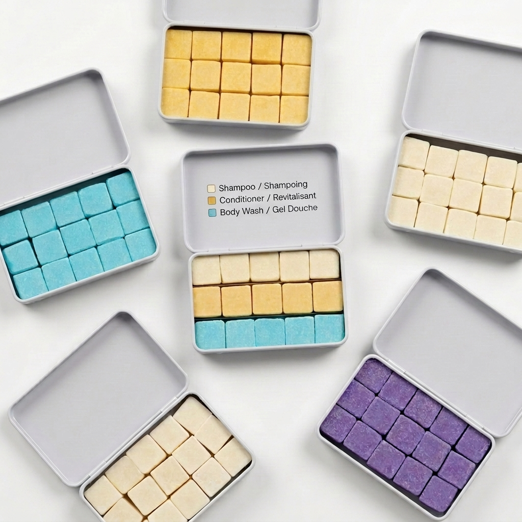 EarthSuds dissolvable tablets of shampoo, conditioner, body wash, hand soap, and body butter.