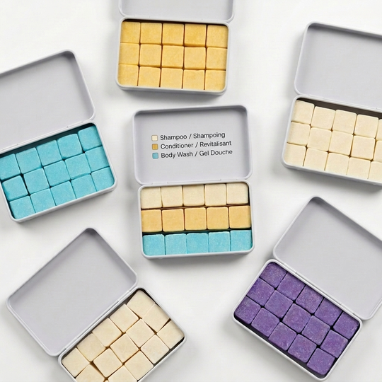 EarthSuds dissolvable tablets of shampoo, conditioner, body wash, hand soap, and body butter.