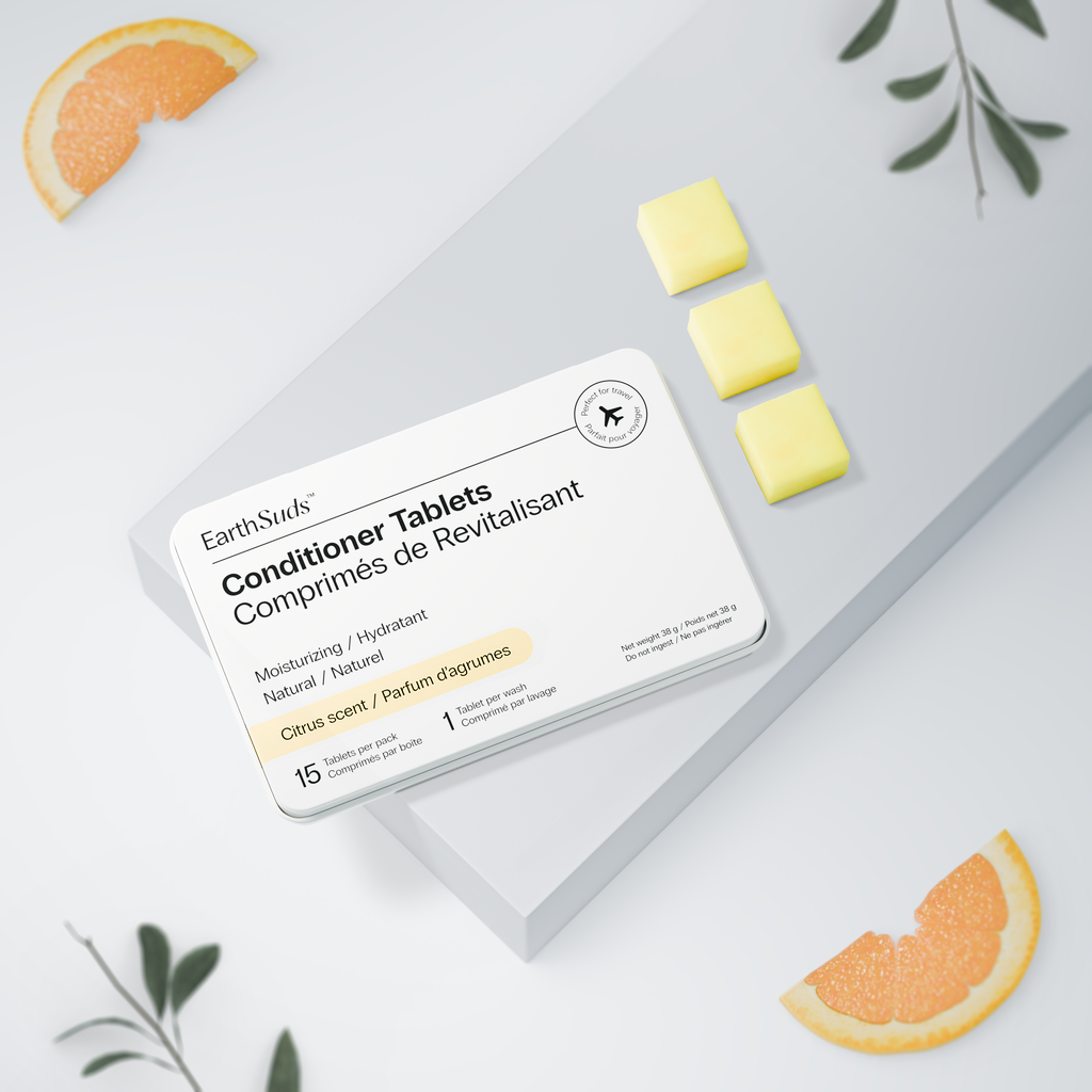 EarthSuds sustainable travel toiletries; dissolvable personal care tablets in carry-on friendly packaging.