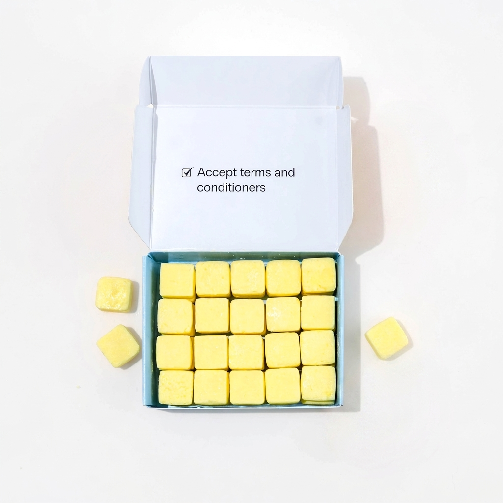 Box with dissolvable conditioner tablets for travel.