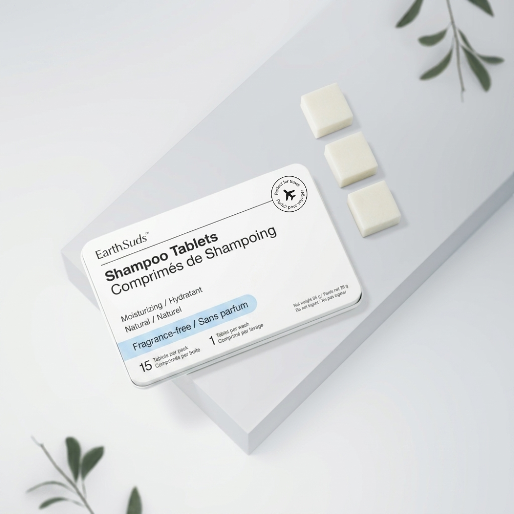 Fragrance-free shampoo tablets that are travel-friendly, environmentally conscious, and biodegradable.