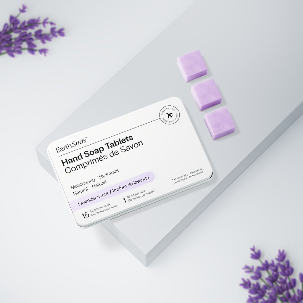 EarthSuds sustainable travel toiletries; dissolvable personal care tablets in carry-on friendly packaging.