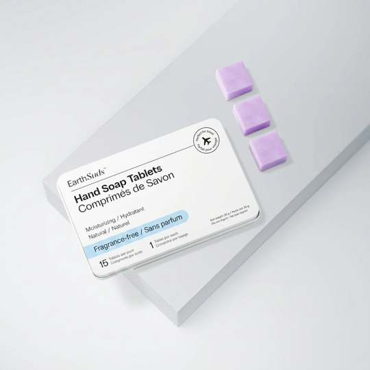 Fragrance-free hand soap tablets that are travel-friendly, sustainable, and biodegradable.