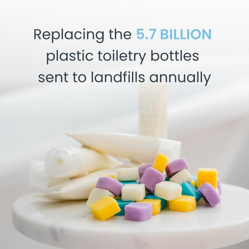 Plastic toiletry bottles and colorful caps on a marble surface with text about landfill reduction.