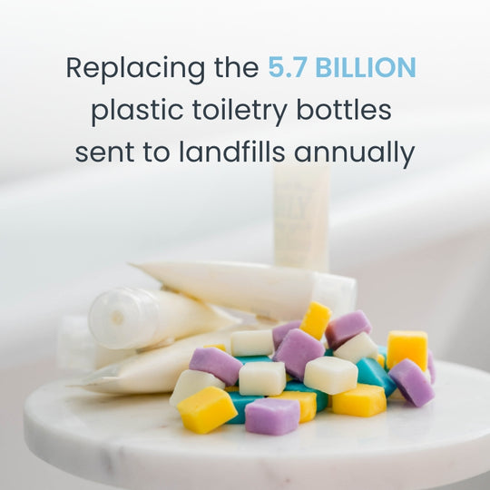 Plastic toiletry bottles and colorful caps on a marble surface with text about landfill reduction.
