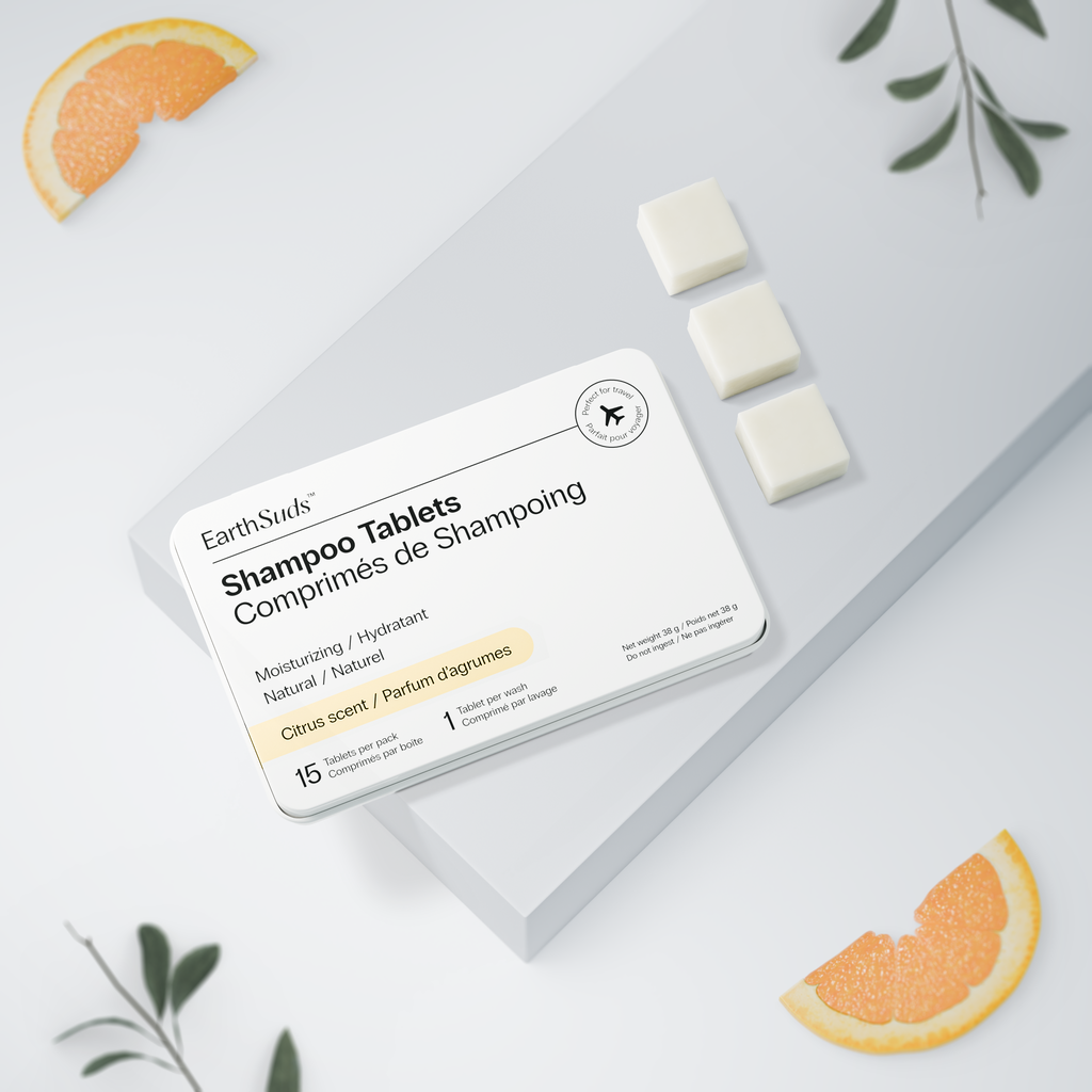 EarthSuds sustainable travel toiletries; dissolvable personal care tablets in carry-on friendly packaging.