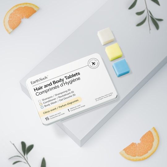 EarthSuds sustainable travel toiletries; dissolvable personal care tablets in carry-on friendly packaging.