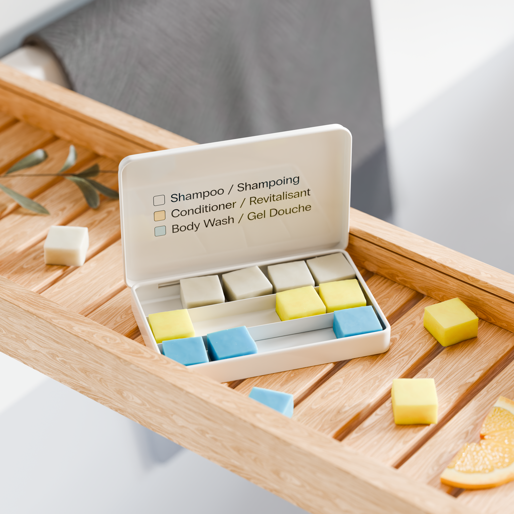 EarthSuds sustainable travel toiletries; dissolvable personal care tablets in carry-on friendly packaging.
