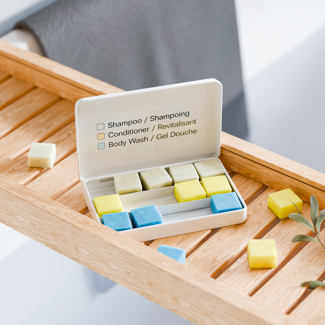 EarthSuds hair and body tablets that are travel-friendly, compact, sustainable, and biodegradable on a bamboo tray.
